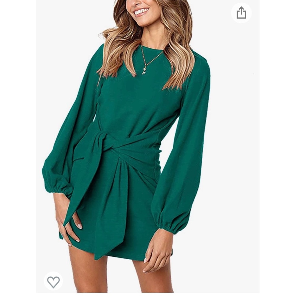Lantern Sleeve Wrap Mini Dress in Emerald Green (Cocktail or Business Casual)
